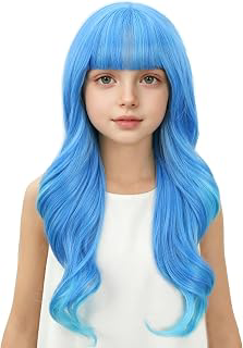 Ombre Blue Wig for Kids Long Light Blue Wig with Bangs Long Wavy Curly Wigs Heat Resistant Synthetic Wigs with Cap: Ombre Dyeing and Production Notes