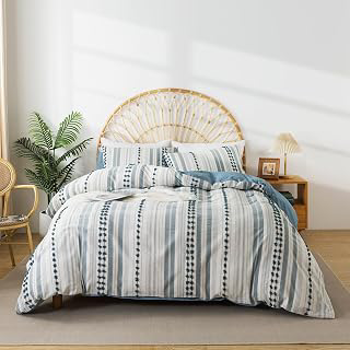 Washed Cotton King Size Duvet Cover Set - Tufted Dots Boho Chic Bedding for All Seasons, Striped Pom Pom Bedding Linen Like Textured Breathable: Jacquard Weave and Production Notes