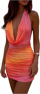 Women's Ombre Cowl Neck Halter Dress Backless Bodycon Mini Dresses: Ombre Dyeing and Production Notes