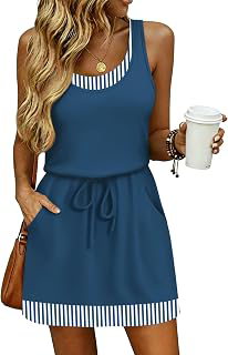 Summer Dresses for Women Scoop Neck Sleeveless Fake Two-Piece Dress Drawstring Waist Sundresses with Pockets: OEM Production and Sizing Notes