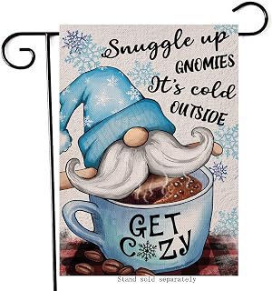 Artofy Snuggle Up Gnomies It's Cold Outside Home Decorative Garden Flag Winter Gnome Plaid House Yard Coffee Bean Cup Snowflake Outside Decor: Fabric Sourcing and Quality Notes