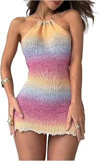 Women's Ombre Print Sweater Dress Sleeveless Halter Neck Bodycon Mini Dresses: Ombre Dyeing and Production Notes
