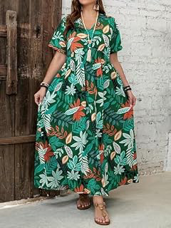 Plus Size Women Tropical Leaf Print Maxi Dress, Short Sleeve V Neck Woven Casual Long Dress for Summer: Ombre Dyeing and Production Notes