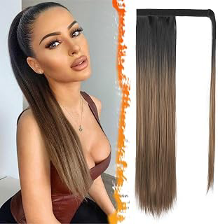 BARSDAR Black Ombre Blonde Straight Ponytail Extension - 26 Inch Long Straight Wrap Around Ponytail for Women, Clip in Ponytail Hair Extensions: Ombre Dyeing and Production Notes