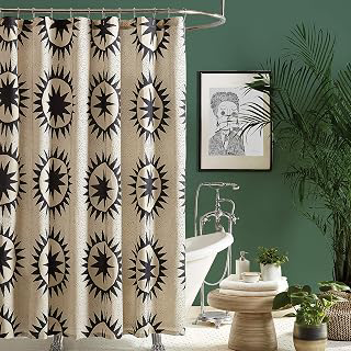 Jungalow Soleil Cotton Fabric Shower Curtain - Boho Black and Cream Geometric Print, Machine Washable Bathroom Curtain with Reinforced: Jacquard Weave and Production Notes