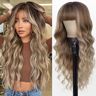 AISI QUEENS Ombre Blonde Wig with Bangs, Long Wavy Curly hair for Women: Ombre Dyeing and Production Notes