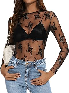 ETOSELL Women Lace Mesh Long Sleeve Tops Floral Shirt Sheer Outfits Blouses: Jacquard Weave and Production Notes