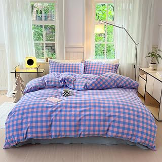 FACE TWO FACE Bedding Duvet Cover Set100% Washed Cotton Duvet Cover Linen Like Textured Breathable Durable Soft Comfy (Queen, Blue Purple Grid): Jacquard Weave and Production Notes