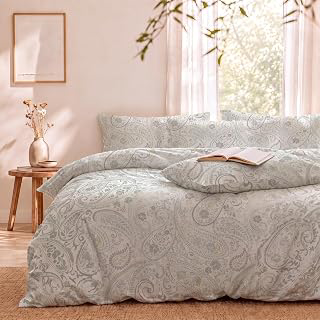 Linen Cotton Duvet Cover Set King Size, Light Grey Paisley Bedding Set, 3 Pieces Vintage Floral Duvet Cover with Hidden Zipper & 8 Corner Ties: Jacquard Weave and Production Notes
