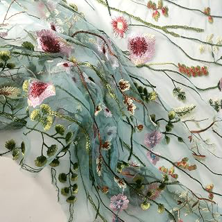 Green Exquisite Colorful Floral Flower Embroidered Sewing Lace Fabric, Length 71