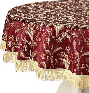 Violet Linen Luxury Damask Floral Design, Polyester Jacquard, with Fringes, Burgundy, 60 Inch Round, Seats 4 Pepole, Tablecloths: Jacquard Weave and Production Notes