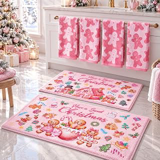 Moukeren 6 Pcs Pink Gingerbread Christmas Bath Mat Set Non Slip: Jacquard Weave and Production Notes