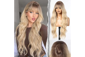Rooted Honey Cream Blonde Ombré Wig With Bangs 28'' Long Wavy PuffPro Voluminous High Crown Wigs for Women,3x4''Parting Realistic Scalp,Mob Wife: Ombre Dyeing and Production Notes