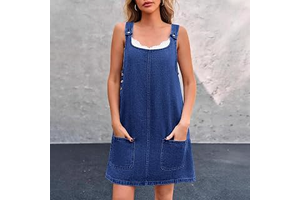Women's Casual Sleeveless Jean Dress, Crewneck Vintage Loose Fit Denim Overall Dress with Functional Pockets: OEM Production and Sizing Notes