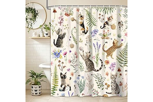 Cat Shower Curtain, Boho Watercolor Floral Plant Shower Curtains for Bathroom, Cute Funny Animal Wildflowers Print Waterproof Polyester Fabric: Print Design and Production Notes