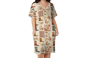 Casual Summer Dresses for Women 2026 - Cowboy Boots Floral Plaid Print V-Neck Tshirt Loose Dress with Pockets: OEM Production and Sizing Notes