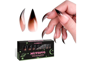 Halloween Reusable Press on Nails Cat Claw Short Curved Stiletto -Black Ombre Pink Shade 3D Fake Nails with Built-in Apex, 16 Sizes, Jelly: Ombre Dyeing and Production Notes
