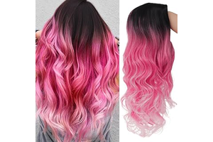 Swiking Women Ombre Pink Long Curly Wig Dark Roots Wave Middle Part Synthetic Wigs for Halloween Cosplay Wig (Ombre Pink): Ombre Dyeing and Production Notes