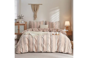 Bailix Floral Striped Duvet Cover Set King Size, 100% Washed Cotton Boho Farmhouse Summer Comforter Cover Set, Soft Breathable Textured Bedding: Jacquard Weave and Production Notes