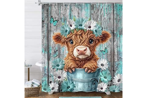 Highland Cow Shower Curtain Teal Floral Bathroom Decor 70X70 in: Print Design and Production Notes