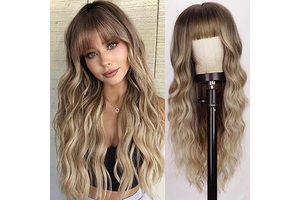 Lativ Blonde Wig with Bangs for Women Long Curly Wavy Synthetic Fiber Daily: Ombre Dyeing and Production Notes