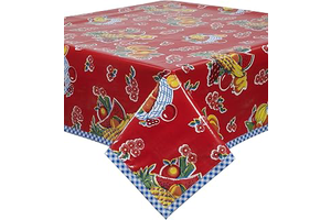 Oilcloth Tablecloth Fruit Basket Red with Blue Gingham Trim You Pick the Size: Fabric Sourcing and Quality Notes