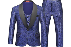 Boys Suit 3 Pieces Slim Fit Tuxedo Formal Set with Floral Jacquard Jacket Pant Vest for Wedding Prom Party Size 4-16Y: Jacquard Weave and Production Notes