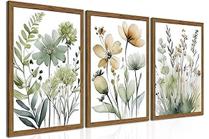 Wood Framed Sage Green Botanical Wall Art Set of 3, Boho Floral Canvas Wall Decor Paintings, Minimalist Flower Posters Prints Pictures for: Print Design and Production Notes