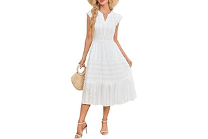Women's Ruffle Sleeve V Neck Midi Dress Elastic Smocked Waist Tiered A-Line Summer Casual Beach Vacation Dress: Jacquard Weave and Production Notes