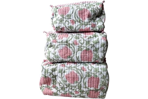 KRAAFTY Set of 3 Handmade Quilted Cotton Pouches - Pink Lotus Floral Print Cosmetic, Makeup & Travel Organizer Bags - Multipurpose Storage Set: Print Design and Production Notes
