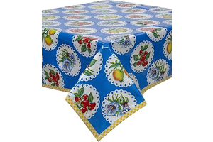 Doily 2 Blue Oilcloth Tablecloth with Yellow Gingham Trim 48x48: Fabric Sourcing and Quality Notes