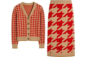 OXKNIT Women's Knit Cardigan Skirt Sets 1970s Retro Pattern 2 Piece Outfits: Jacquard Weave and Production Notes