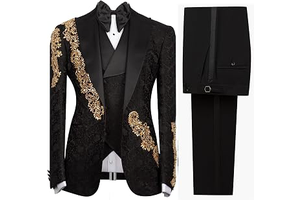 Mens Luxury Jacquard 3 Pieces Suit with Rhinestone Slim Fit Peaked Lapel Blazer Jacket Vest Pants Set for Prom,Party: Jacquard Weave and Production Notes