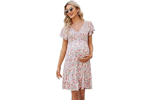 KOJOOIN Women's Maternity Smocked Long Sleeve Ruffle Dress V Neck Fall Casual Flowy Midi Dress for Baby Shower Photoshoot: OEM Production and Sizing Notes