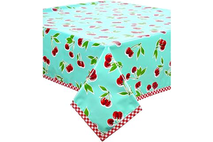 Cherry Aqua Oilcloth Tablecloths with Red Gingham Trim (48x102): Fabric Sourcing and Quality Notes
