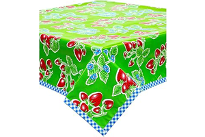 Strawberry Lime Green Oilcloth Tablecloths with Blue Gingham Trim (48x48 Square): Fabric Sourcing and Quality Notes