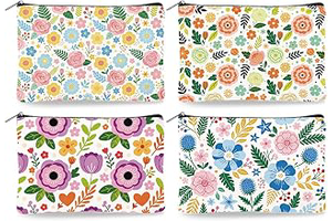 4Pcs Cute Flower Printed Canvas Makeup Bags, 9.06x5.9inch Color Floral Cosmetic Bags with Zipper for Women, Toiletry Storage for Travel: Print Design and Production Notes
