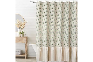MUGINYU Linen Textured Ruffle Shower Curtain 72x72 Inches- Vintage Floral Block Print in Beige and Green, Boho Cottagecore Farmhouse French: Print Design and Production Notes
