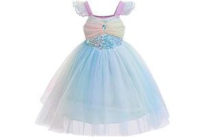 Girls Little Mermaid Princess Tulle Dress Sequin Ombre Tutu Gown Flutter Sleeves for Kids Birthday Party Halloween: Ombre Dyeing and Production Notes
