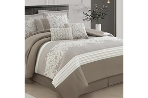 LANCO MODERN LIFESTYLE Taupe Comforter Set, Queen, Damask Jacquard with Matching Solid Piece Work, 7 Piece Soft Bedding Set for All Season, Bed: Jacquard Weave and Production Notes