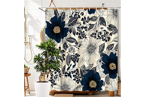 Navy Blue Teal Floral 72x72 Inch Shower Curtain, Waterproof Polyester Bathroom Curtain with Rustic Boho Vintage Botanical Wooden Board Print: Print Design and Production Notes