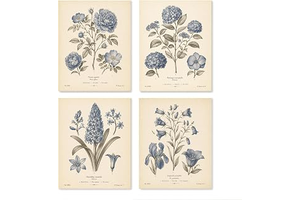 Fokongna Retro Blue Hydrangea Botanical Wall Art Set of 4 Floral Poster: Print Design and Production Notes