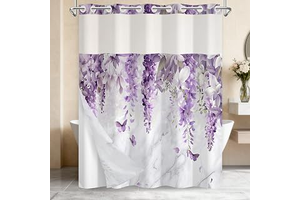 No Hook Shower Curtain with Liner, Floral Shower Curtain with Sheer Top Window and Weighted Hem, Elegant Wisteria Print Farmhouse Shower: Print Design and Production Notes