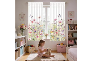 Watercolor Floral Window Curtain, 2 Panels Spring Colorful Wildflower Butterfly Window Treatment Drapes Tier, Long Curtain for Bedroom Living: Print Design and Production Notes