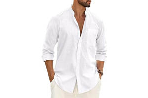 Men's Cotton Linen Shirts Long Sleeve Button Down Shirt Band Collar Beach Shirts: OEM Production and Sizing Notes