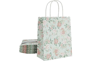 Sparkle and Bash Floral Party Favor Bags with Handles - 24 Pack 8 x 4 x 10 In Light Green Rose Print - Paper Gift Bags for Baby Shower, Bridal &: Print Design and Production Notes