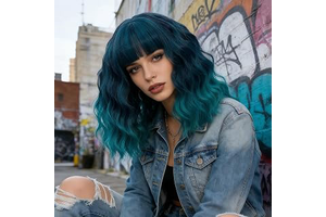 14" Dark Blue Ombre Short Bob Wavy Curly Bangs Wig Air Bangs Shoulder Length Women's Charming Synthetic Wig for Cosplay Party Anime Costume+Wig: Ombre Dyeing and Production Notes