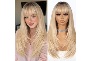Allbell Ombre Blonde Wigs for Women Long Straight layered Wig With Bangs 22 inch Natural Looking Wig Synthetic Heat Resistant Fiber for Daily: Ombre Dyeing and Production Notes