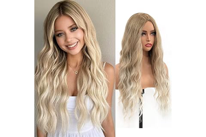 Aida ble Long Wavy Ash Blonde Ombre Wig for Women 28 Inch Middle Part: Ombre Dyeing and Production Notes