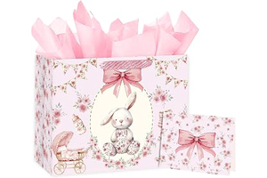 Loveinside 13" Large Baby Girl Gift Bag, Pink Floral Bunny Gift Bag with Tissue Paper & Card, for Baby Shower, Newborn Girl, First Birthday: Print Design and Production Notes